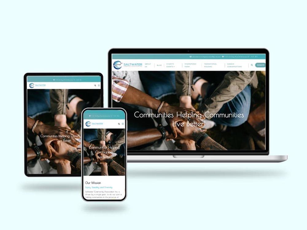 Saltwater Community Association website shown across laptop, tablet, and mobile devices