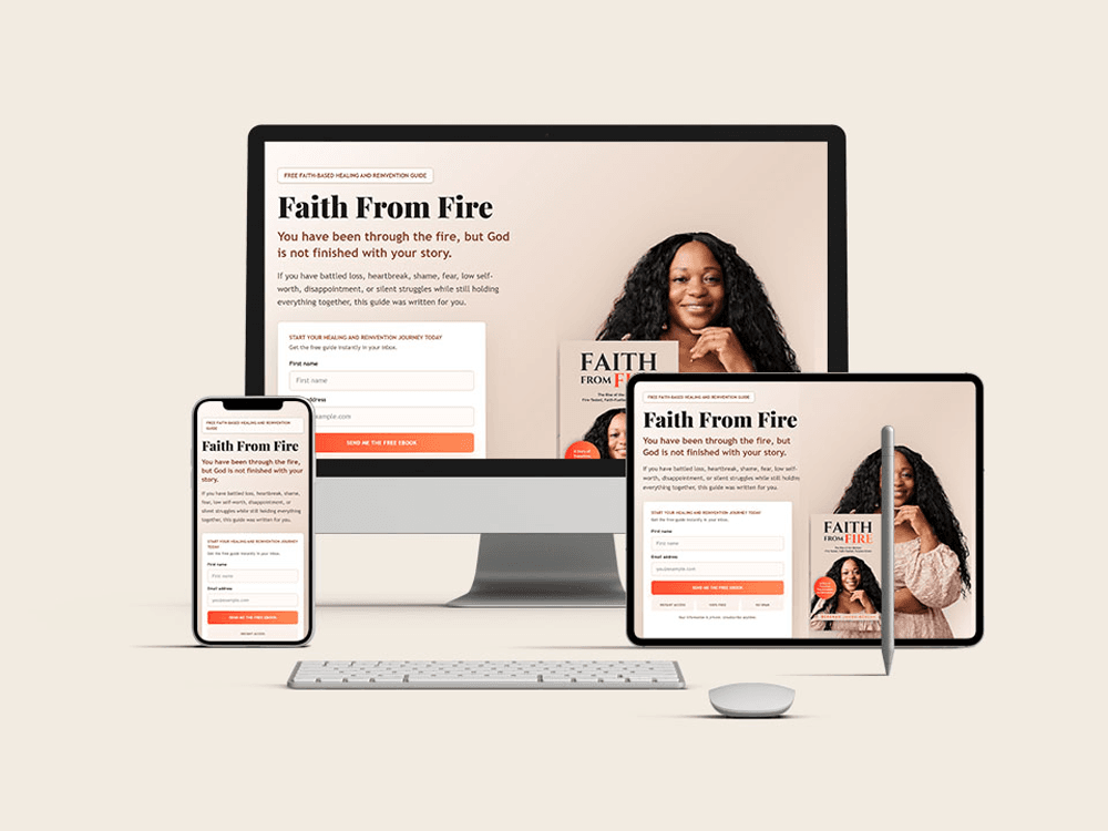 The Lady Derby Consult Faith From Fire landing page shown across desktop, tablet, and mobile devices